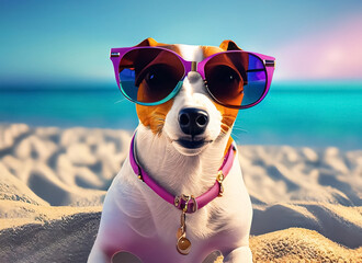 Jack russel terrier with fashion sunglasses traveling at the beach photography. Generative AI