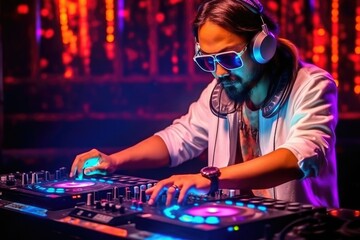 Obraz na płótnie Canvas Night club, nightlife concept. DJ hands hold microphone and mixing DJ remote. Neon light, ai generated