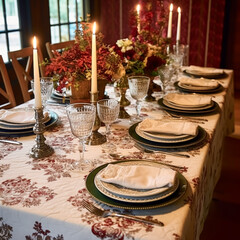 Autumnal holiday tablescape, formal dinner table setting, classic festive table scape with decoration for wedding party and event celebration, generative ai
