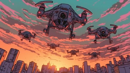 AI-powered autonomous drones . Fantasy concept , Illustration painting.