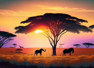 Safari sunset with animals nature wildlife savannah landscape. Generative AI
