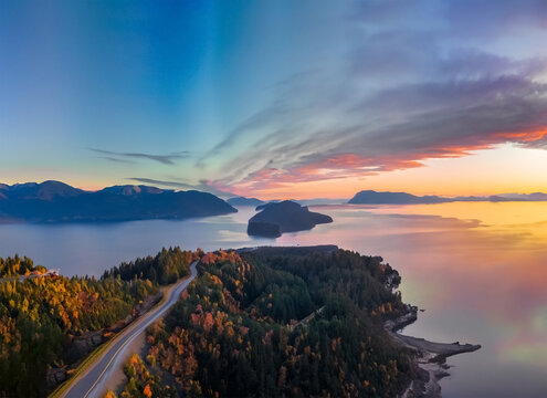 Sea to Sky Hwy in Howe Sound near Horseshoe Bay West Vancouver. Generative AI