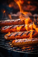 Sausages grilling on barbecue. Bratwursts over the hot coals and fire. Generative Ai