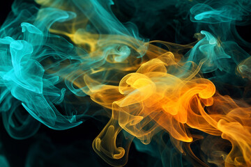 Smoke on a black background is orange-turquoise. Abstract background.