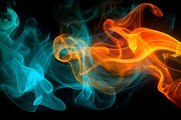 Smoke on a black background is orange-turquoise. Abstract background.