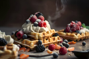 Belgian waffles with berries and buttercream on a wooden table, Generative AI 6