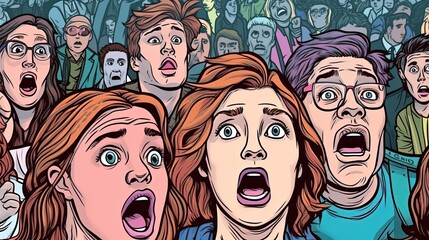 Amazed audience reacting to a performance . Fantasy concept , Illustration painting.