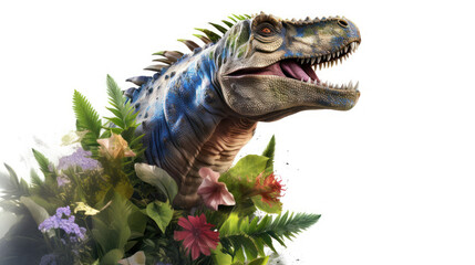 tyrannosaurus rex dinosaur 3d with a flower on isolated background