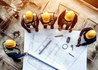 Team of engineer and architects working, discussing, planning, measuring layout of building blueprints at construction site.