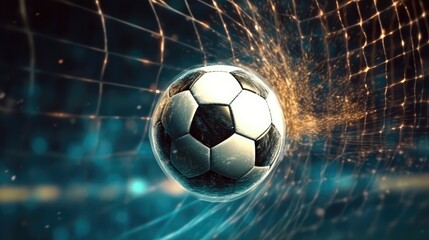 Fototapeta premium Soccer ball in the goal after shot in the game.