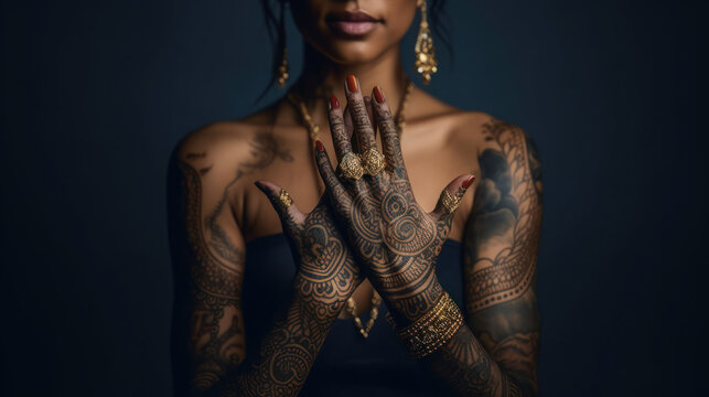model posing in studio with henna tattoo