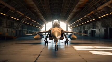 Obraz premium Powerful military fighter jet parked in military hangar.