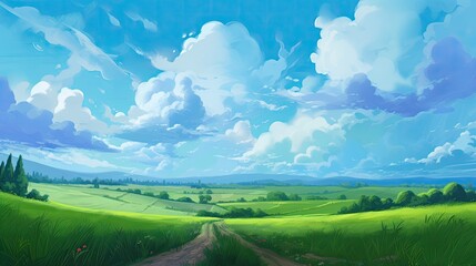 Obraz premium Anime-style artwork of serene pastoral scenes. Fields, clouds, and dirt paths come to life in richly detailed. Generative ai.