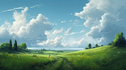 Obraz premium Calming cute rural landscape with fields, pastures and winding roads in a cartoon style. Generative Ai.