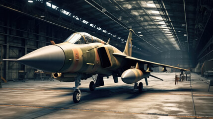 military fighter jet aircraft parked in military hangar at the base airforce, Standby ready to take off for military mission. - obrazy, fototapety, plakaty