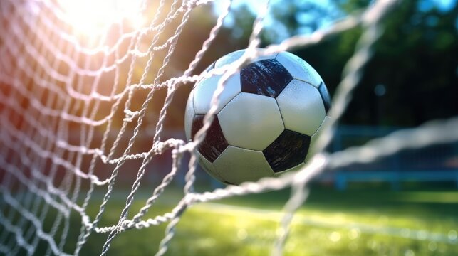 Scoring a Goal, Soccer ball into net.