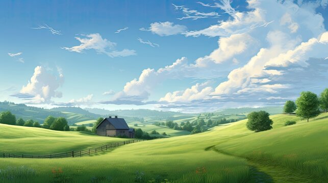 Calming cute rural landscape with fields, pastures and winding roads in a cartoon style. Generative Ai.
