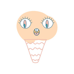 Surprised face ice cream cone character with googly eyes in retro style. Perfect print for tee, sticker, poster. Cute vector illustration for decor and design.