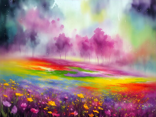 Obraz na płótnie Canvas Colorful meadow flowers landscape. AI generated illustration