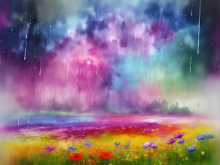 Colorful meadow flowers landscape. AI generated illustration
