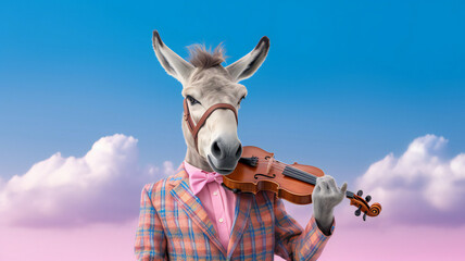portrait of a donkey who plays the violin  Comic concept of animals and in human roles - obrazy, fototapety, plakaty