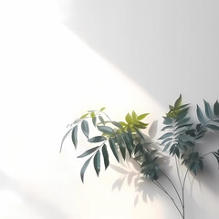 Blurred shadow from leaves plants on the white wall. Minimal abstract background for product presentation. Spring and summer.