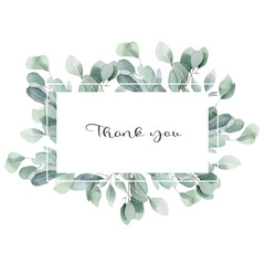Eucalyptus. Watercolour floral frame with text space. Lettering thank you for your design, for printing cards, greetings, stickers on envelopes.