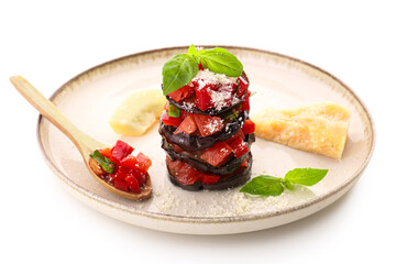 Plate with tasty baked Eggplant Parmesan on white background