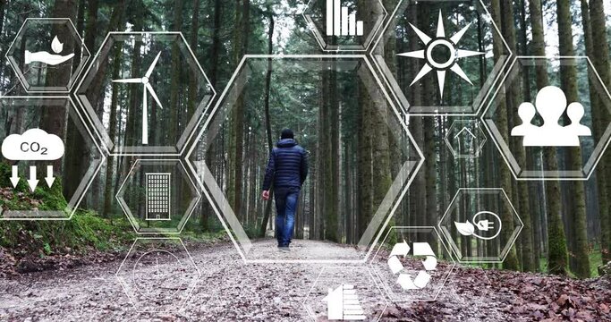 Person walks alone on forest road with eco icons animation.