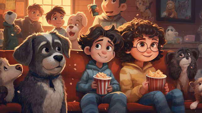 an illustration of a cute young couple, girl and boy watching movie with popcorn and their animal friends . Fantasy concept , Illustration painting.
