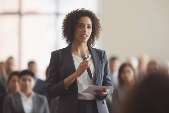 Young confident business woman holding a presentation at a conference