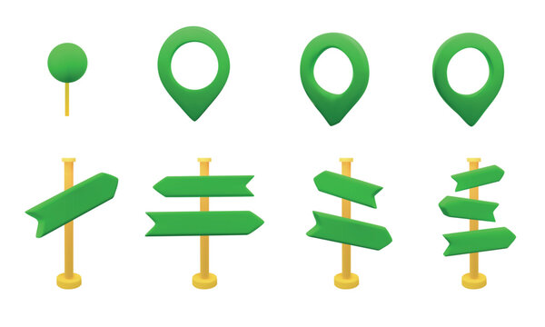 3D green arrows and pins direction set. Vector stock illustration pack isolated on white background for game and print industry. 
