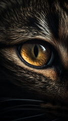 Closeup cat eye, portrait of animal on dark background. Ai generated