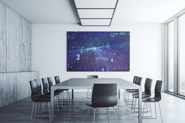 Creative scientific formula concept on presentation screen in a modern conference room. 3D Rendering