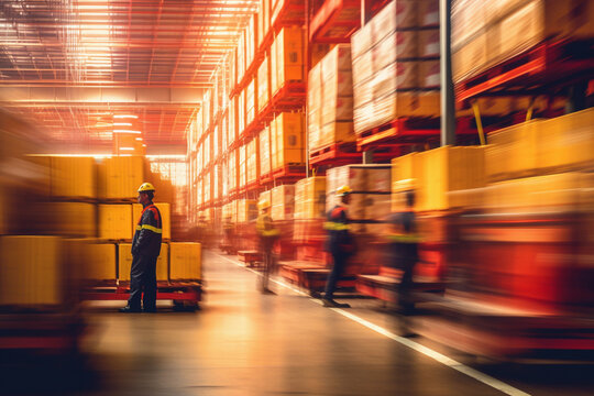 Blurred image of warehouse employees moving shipments