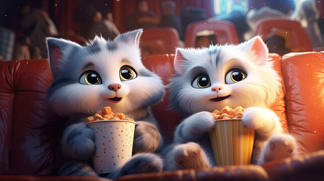Adorable baby kittens watching movie with popcorn . Fantasy concept , Illustration painting.