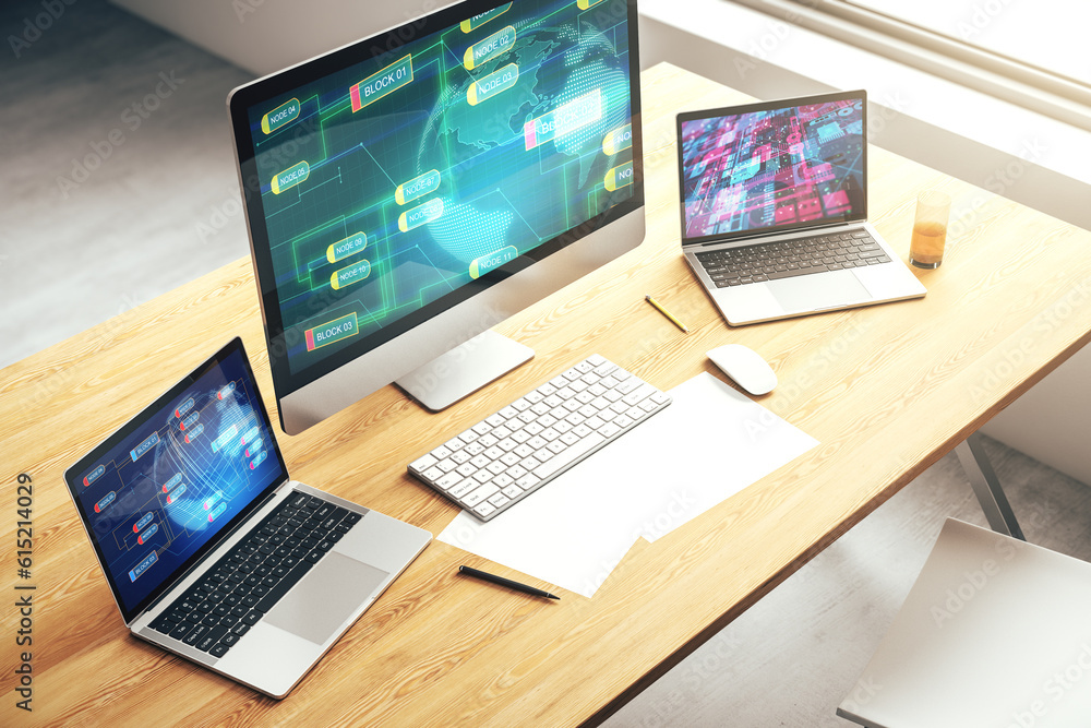 Fototapete modern computer monitor with abstract programming language with world map, research and development 