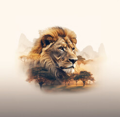 Double exposure, portrait of a lion against the backdrop of the African savannah