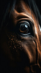 Closeup horse eye, portrait of animal on dark background. Ai generated