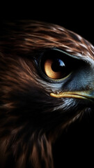 Closeup hawk eye, portrait of animal on dark background. Ai generated