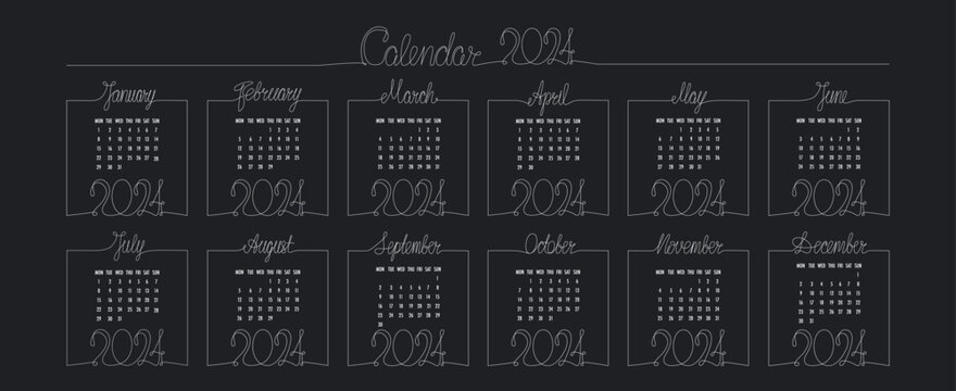 2024 year hand draw month calendar. Vector stock illustration isolated on black chalkboard background for social media template, print industry or design photo album. Editable stroke.