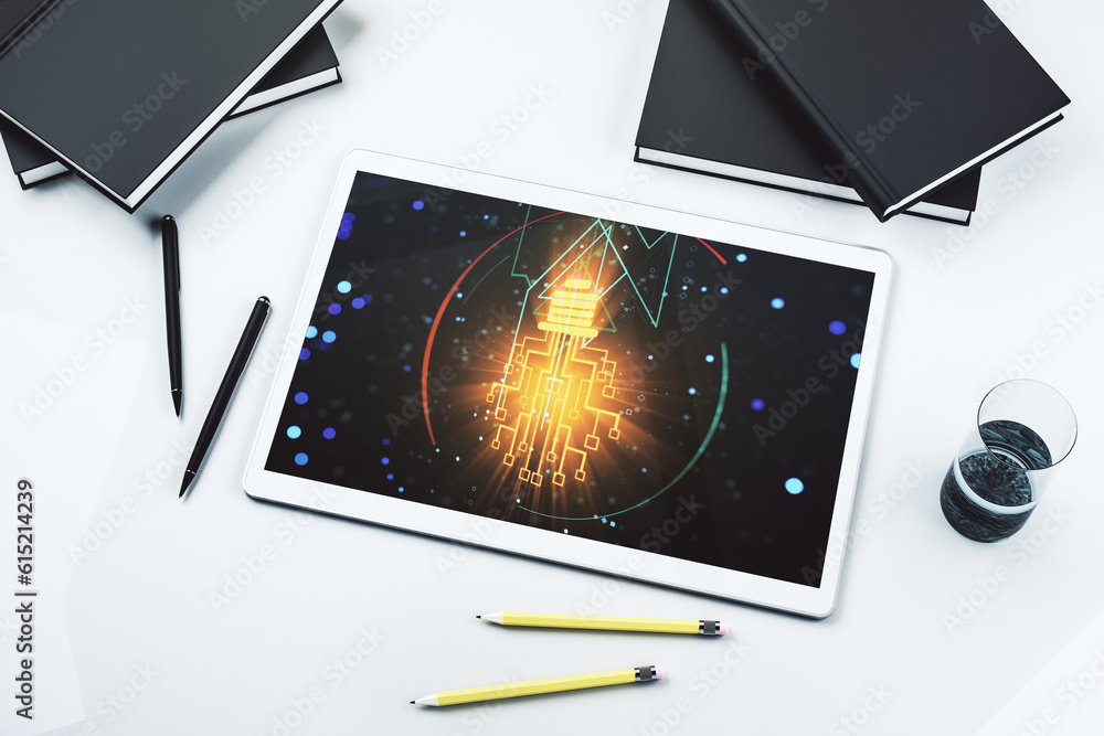 Poster Creative light bulb with chip hologram on modern digital tablet screen, artificial Intelligence and neural networks concept. Top view. 3D Rendering