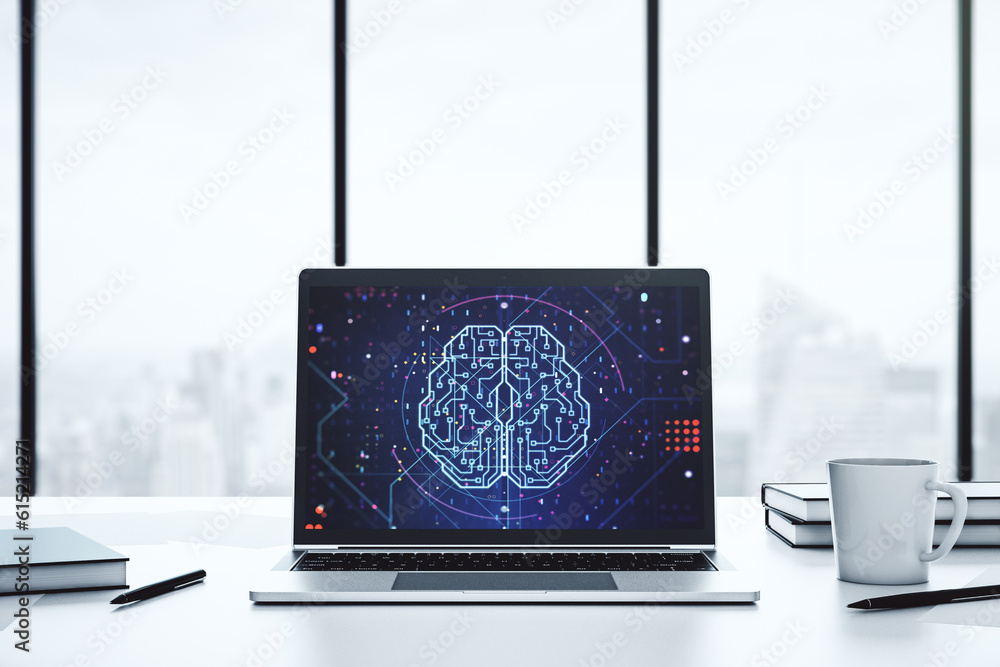 Fototapete Modern computer monitor with creative artificial Intelligence symbol. Neural networks and machine learning concept. 3D Rendering