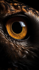 Closeup owl eye, portrait of animal on dark background. Ai generated