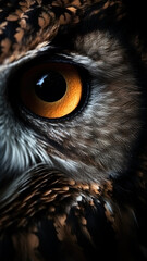 Closeup owl eye, portrait of animal on dark background. Ai generated