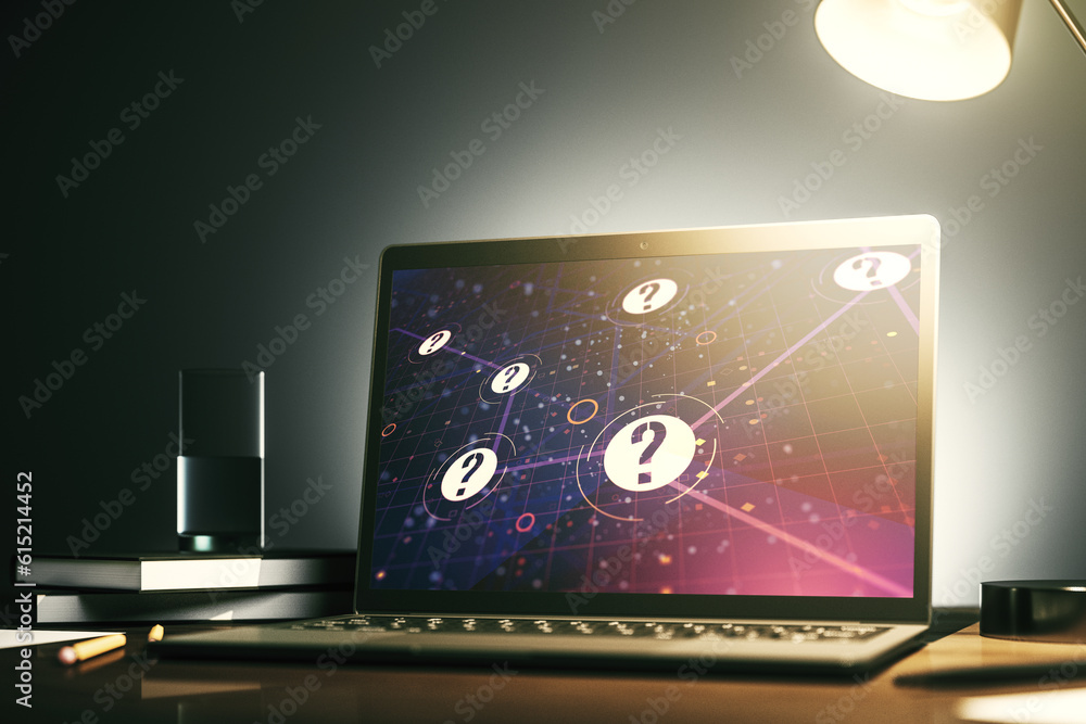 Aufkleber creative abstract question mark sketch on modern laptop monitor, faq and research concept. 3d render
