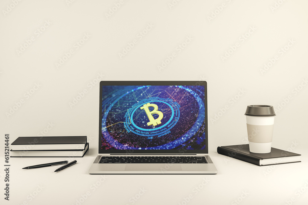 Aufkleber Modern computer display with creative Bitcoin symbol hologram. Mining and blockchain concept. 3D Rendering