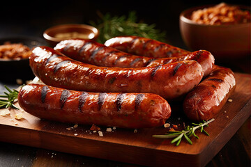 Grilled sausages with the addition of herbs on rustic wooden table and black background