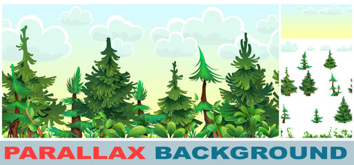 Pine coniferous forest. Cartoon fun style. Beautiful morning sky. Summer forest view. Picture layers parallax effect. Vector image isolated background.