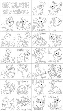 English alphabet with funny toy animals, set of black and white outline vector cartoon illustrations